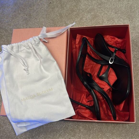 NEW Magda Butrym Sling Back Sandal in Black LEATHER HEEL OPEN TOE - Picture 6 of 10